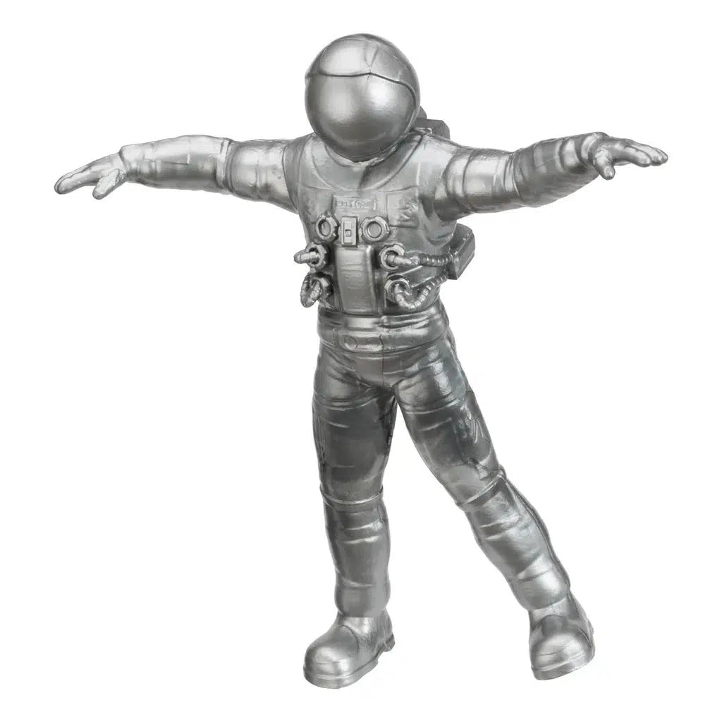 A silver toy figure of an astronaut in a spacesuit, embodying imaginative play with arms outstretched, perfect as a Space Bendy Astronaut for endless adventures.