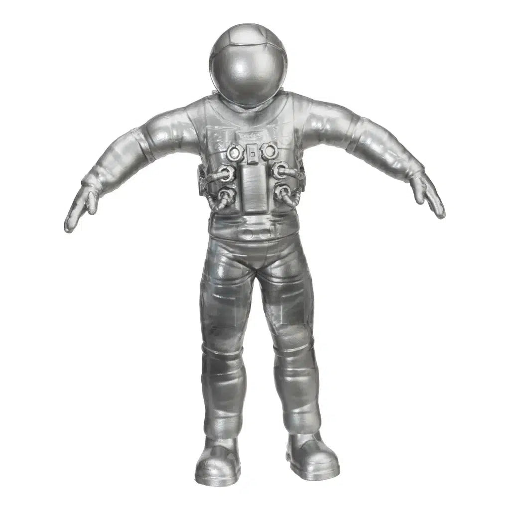 A silver toy figure of an astronaut in a spacesuit, embodying imaginative play with arms outstretched, perfect as a Space Bendy Astronaut for endless adventures.