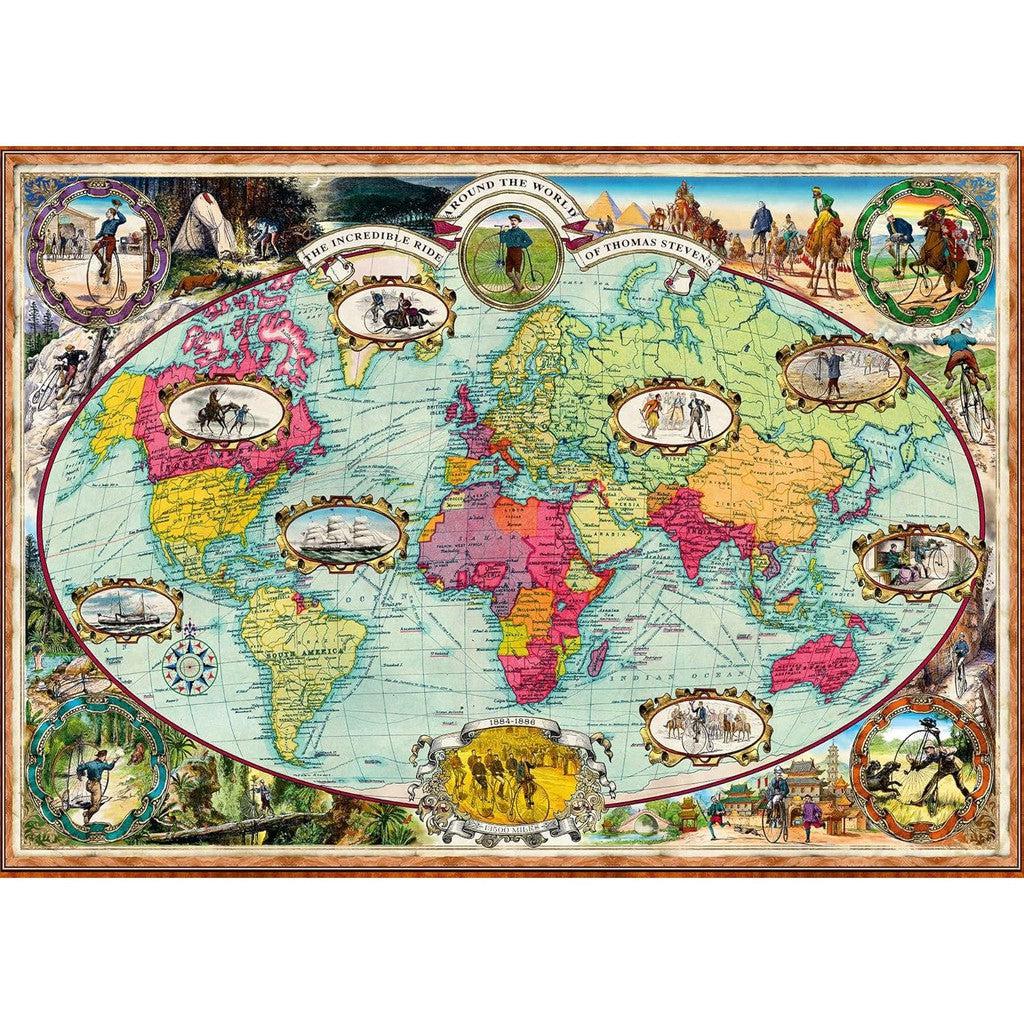 Illustrated world map titled "The Incredible Horse Journey of Thomas Stevens," depicting various horse scenes and historical figures around a colorful 1000 Piece Jigsaw Puzzle. Experience Softclick Technology as you piece together this captivating Ravensburger creation.