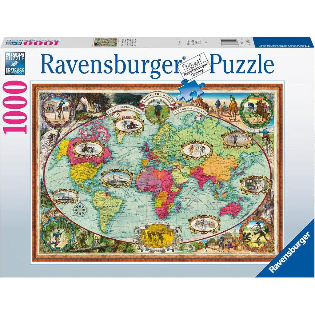 Ravensburger's 1000-piece jigsaw puzzle showcases an antique-style world map with vibrant regions and historical illustrations. Experience seamless assembly with Softclick Technology that ensures each piece fits perfectly, making it a delightful challenge for puzzle aficionados.