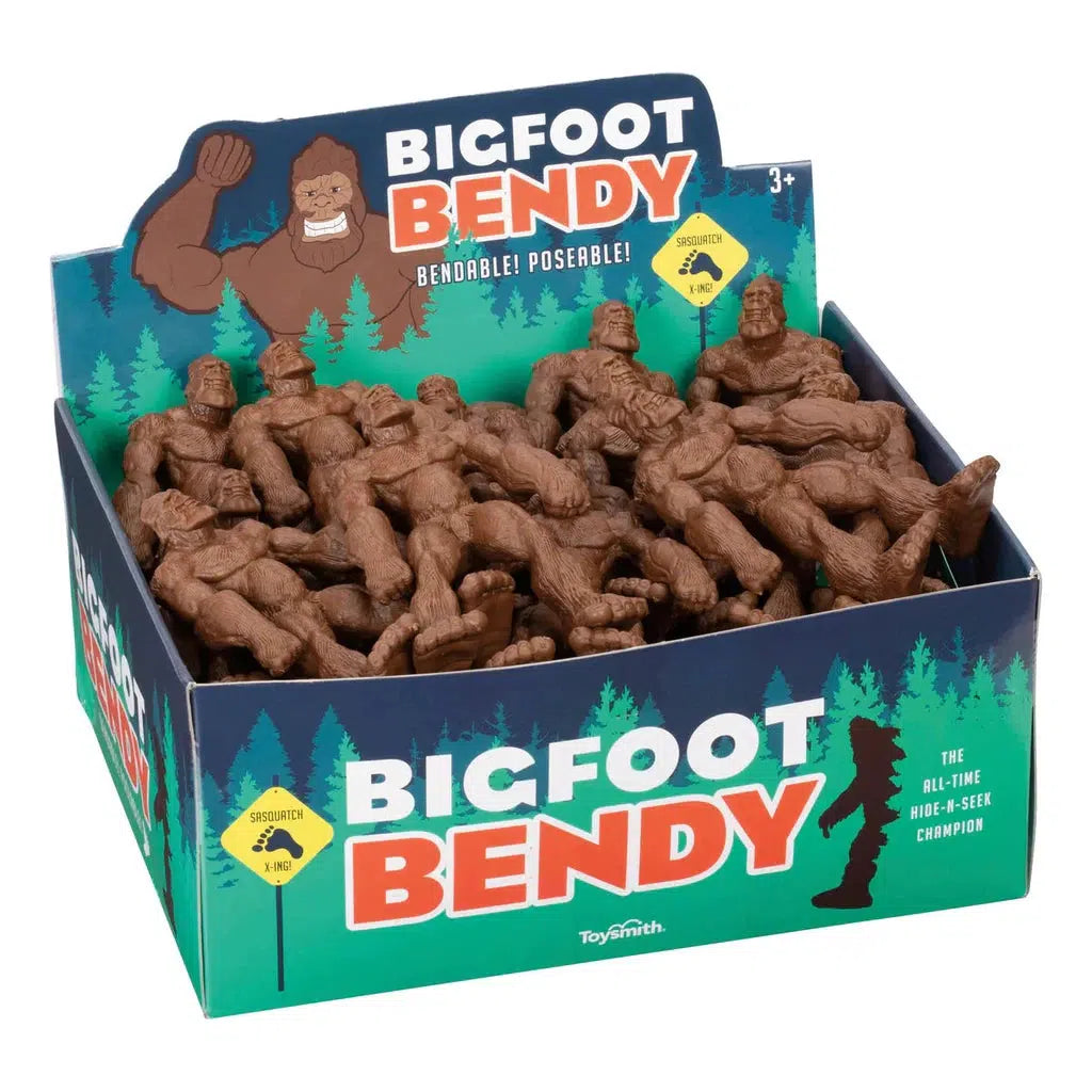 Box of "Bigfoot Bendy" toys, showcasing bendable-limbed Bigfoot figures in a display case with blue and green forest-themed packaging, perfect for sensory stimulation.