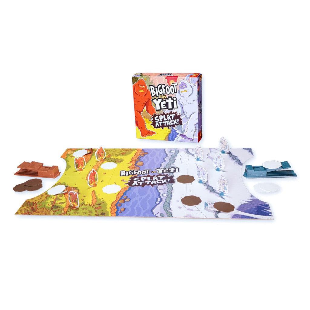 The image shows a board game box titled "Bigfoot vs Yeti: Splat Attack!" featuring colorful illustrations of Bigfoot and a Yeti. The game includes figurines, a catapult, and a battle setup theme.