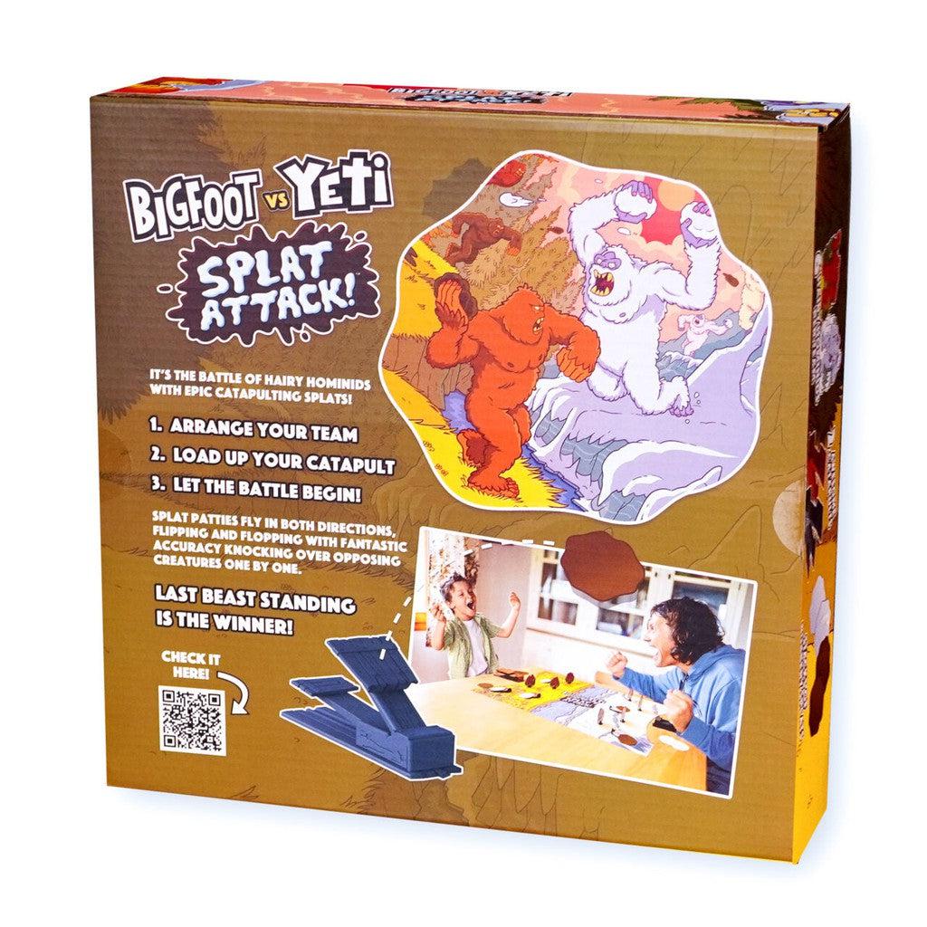 The image shows a board game box titled "Bigfoot vs Yeti: Splat Attack!" featuring colorful illustrations of Bigfoot and a Yeti. The game includes figurines, a catapult, and a battle setup theme.