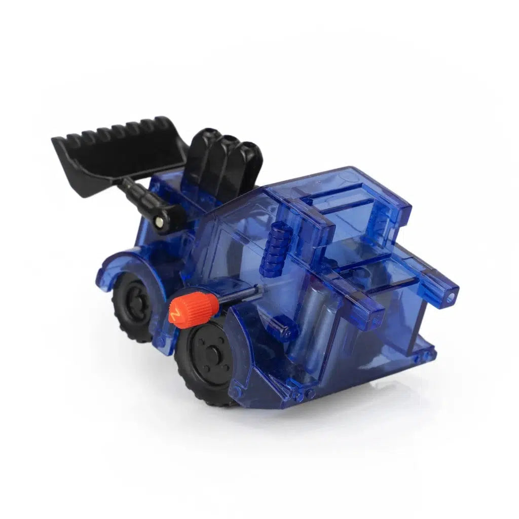 A translucent blue toy vehicle with a red knob and black wheels, featuring a small scoop at the front, ideal for collectors. This charming wind-up toy resembles a mini bulldozer in its design.