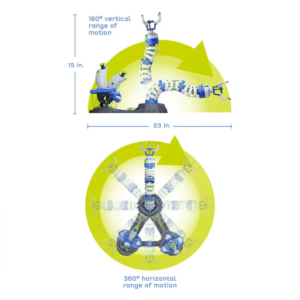 This sci-fi-inspired toy robot features precise movements, with a vertical range of 180° and a horizontal sweep of 360°. Its Bionic Robotic Arm Kit measures 23 inches horizontally and 15 inches vertically, showcasing a vibrant green and blue design.