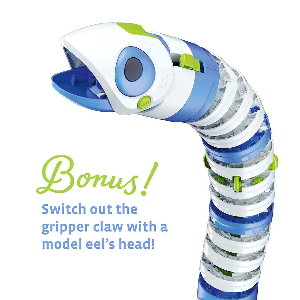 A bionic eel model with a segmented body and a striking blue and white color scheme. Bonus: switch out the gripper claw with the model eel's head for precise movements!