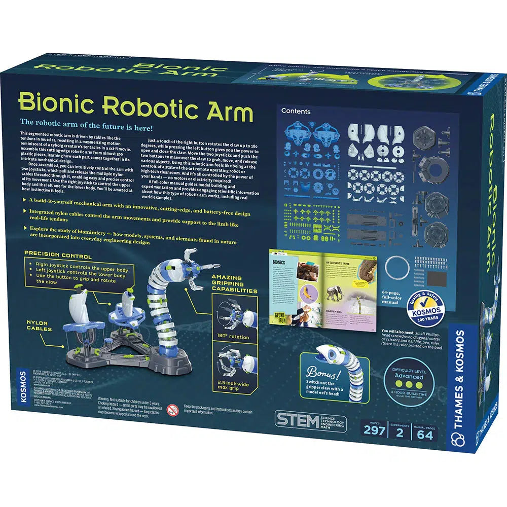 The "Bionic Robotic Arm Kit" by Thames &amp; Kosmos highlights its sci-fi-inspired design, showcasing components and features that enable precise movements, with a strong focus on STEM education.