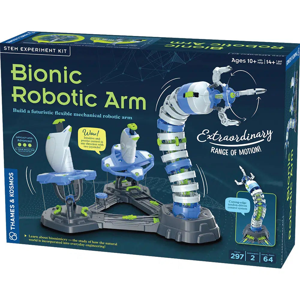 Introducing the Bionic Robotic Arm Kit, a STEM experiment box featuring a bionic robotic arm model in blue and gray. Designed for ages 10 and up, it showcases precise movements with its flexible mechanical arm, offering an extraordinary range of motion akin to a bionic eel.