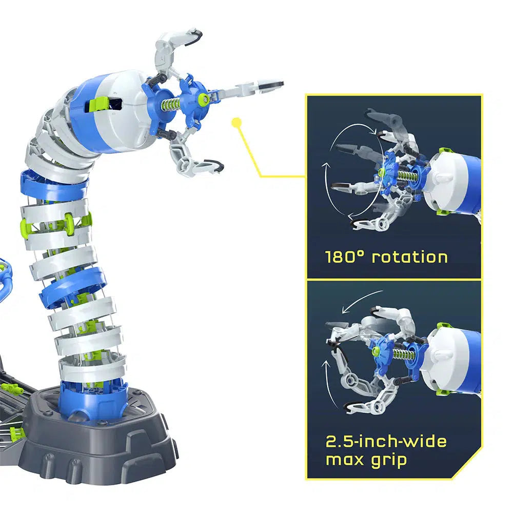 The Bionic Robotic Arm Kit features a segmented joint design for precise movements, with 180-degree rotation and a 2.5-inch max grip width highlighted in the detailed inset images.