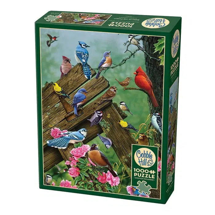 1000 pc puzzle of colorful birds, perched on or flying around a wooden fence post