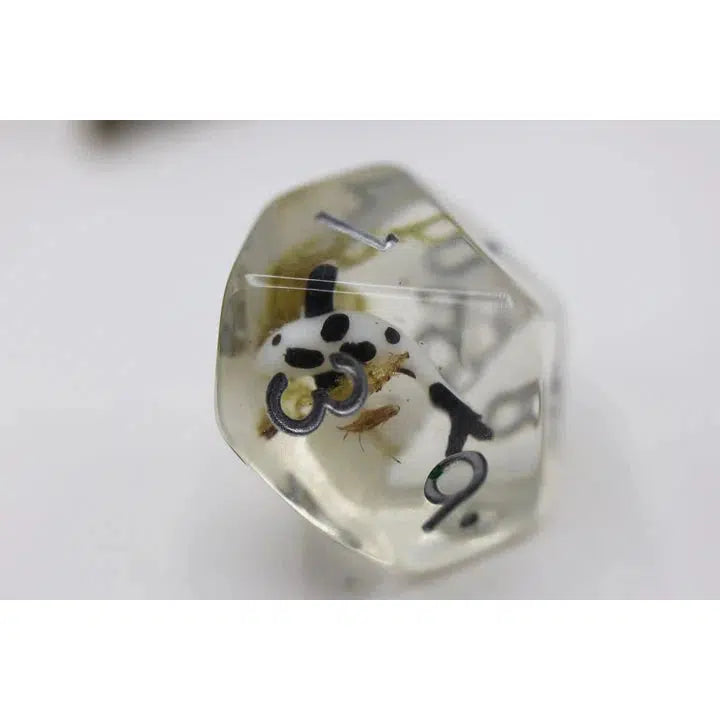 A transparent die adorned with black numbers and small insects embedded inside, perfect for adding a unique twist to your Dungeons and Dragons adventures or other Role Playing Games.