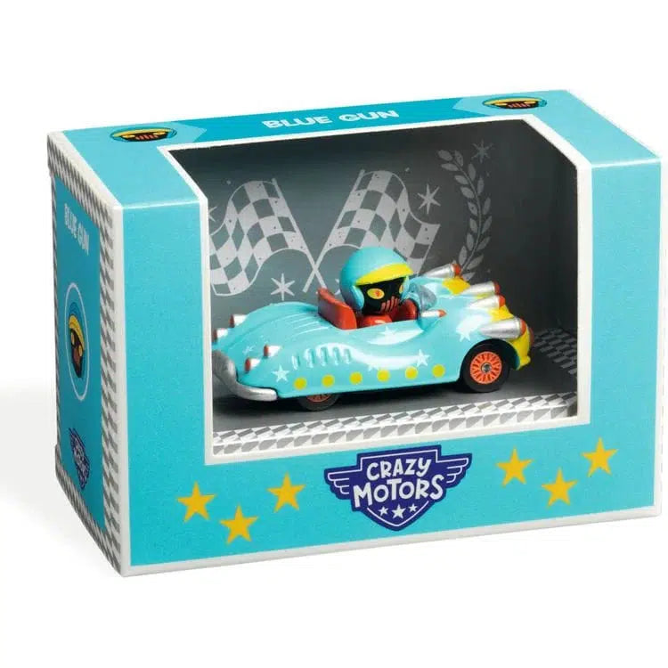 Toy car in a blue and white packaging box labeled "Blue Gun" and "Crazy Motors," featuring racing flags and star designs, perfect for the Crazy Motors World Championship. The sleek finish with metallic paint adds an extra touch of excitement to your racing collection.