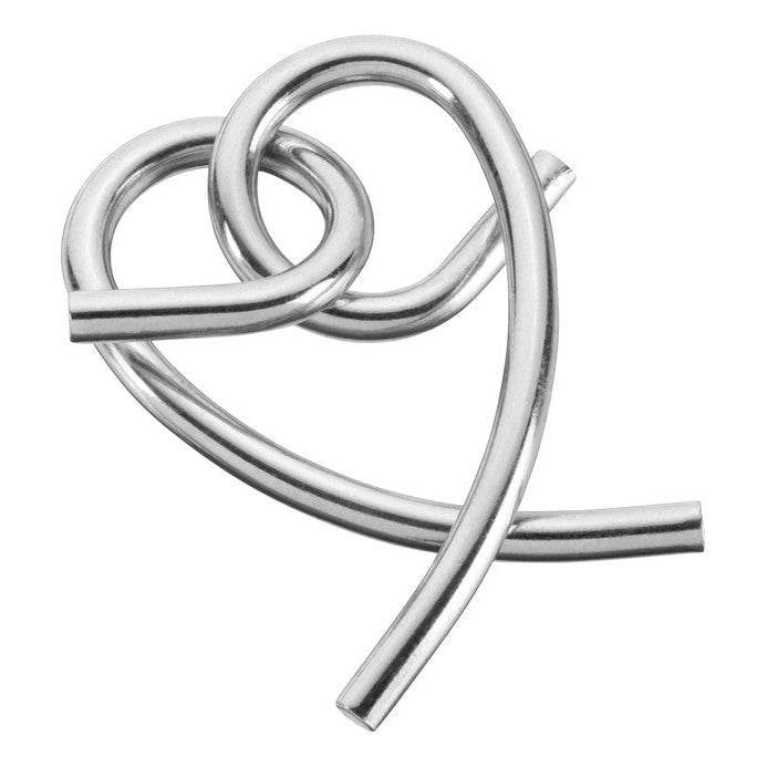 Two intertwined metal puzzle pieces form a loose heart shape against a white background, embodying the captivating essence of Brain Bogglers and the art of puzzle solving.