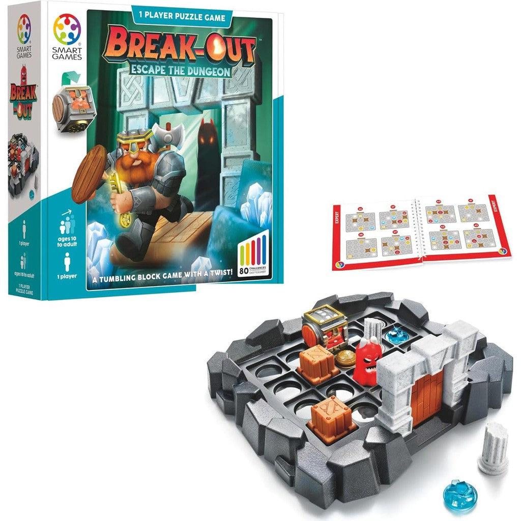 The SmartGames Break-Out: Escape the Dungeon box sits beside a partially completed puzzle on the board, hinting at the Block Escape Game's complexity. An open instruction booklet teases 80 challenges waiting to test your strategic prowess.