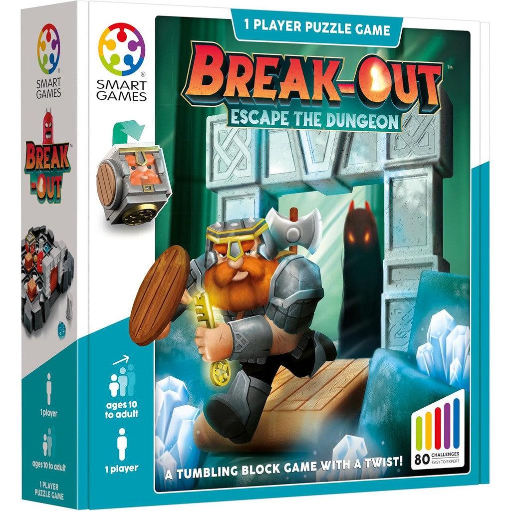 The board game box titled "SmartGames Break-Out: Escape the Dungeon" features a cartoon Viking illustration. It's a block escape game designed for solo adventurers, offering 80 challenges to test your wits in this thrilling puzzle experience.