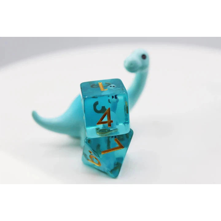 Closer image of the dinosaur with his matching dice