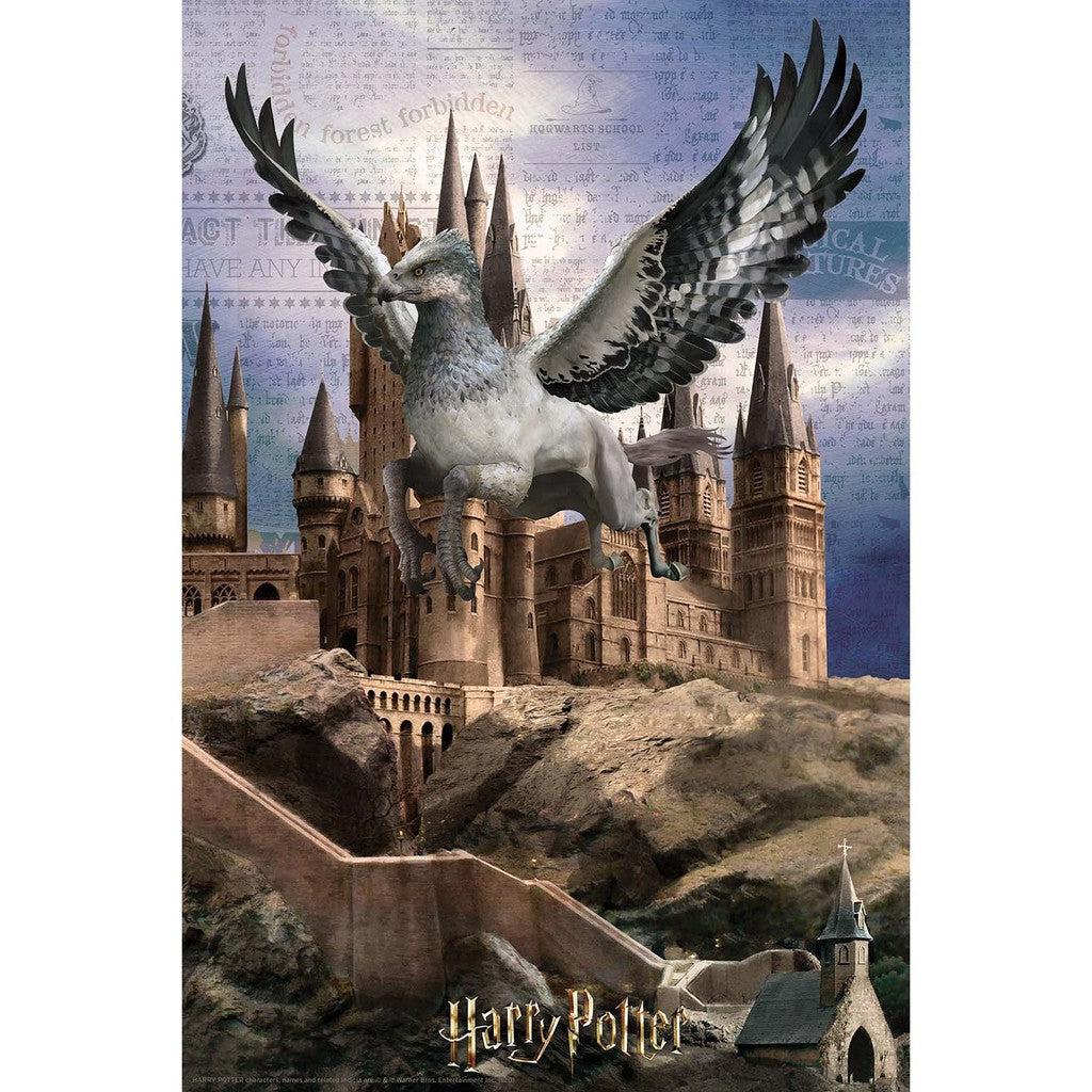 A majestic winged creature, Buckbeak, soars over a sprawling castle with towering spires and rugged terrain. "Harry Potter" appears at the bottom, brought to life by Prime 3D Ltd's intricate craftsmanship.