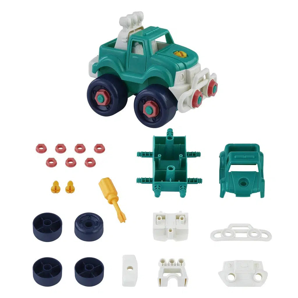 This My World My Play toy truck assembly kit features a vibrant green truck with chunky vehicle components like wheels and nuts, all set on a white background. Perfect for kids building toys collection, it promises hours of imaginative play and creative construction.