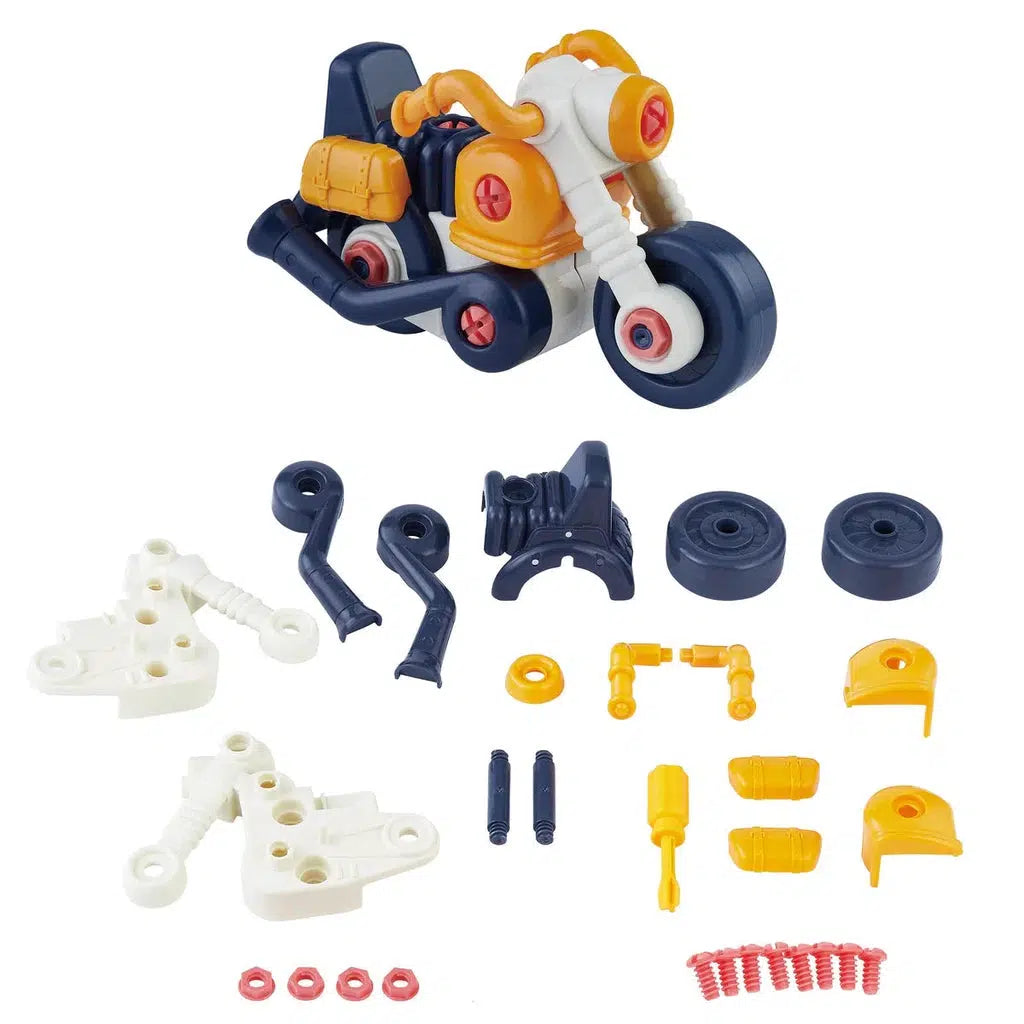 A toy motorcycle and off-road truck disassembled into various plastic parts, including wheels, handlebars, and screws, are displayed on a white background.