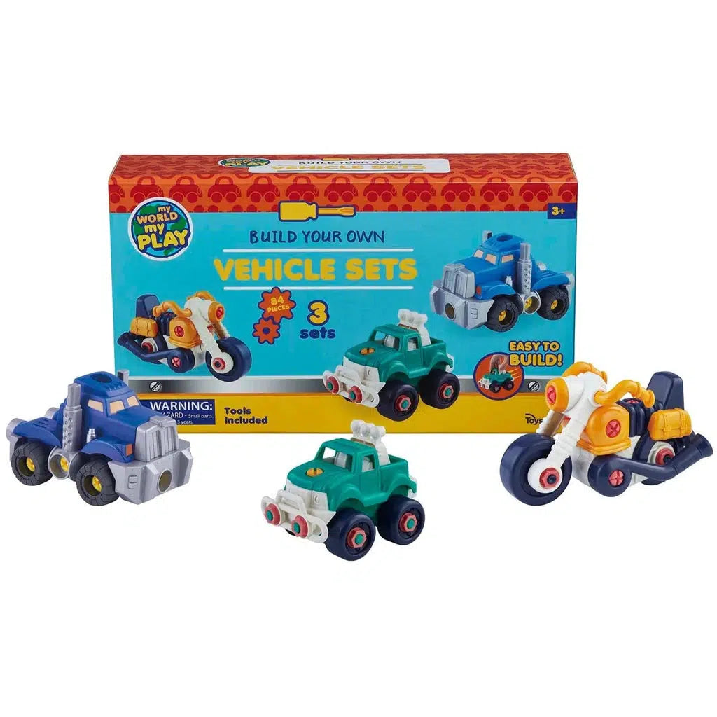 Introducing "My World My Play: Build Your Own Vehicle Sets" - a box of fun and creativity! Featuring three vibrant toy vehicles in blue, green, and yellow, these kids building toys are crafted from nontoxic plastic. Perfectly safe for children ages 3 and up to unleash their imagination!.