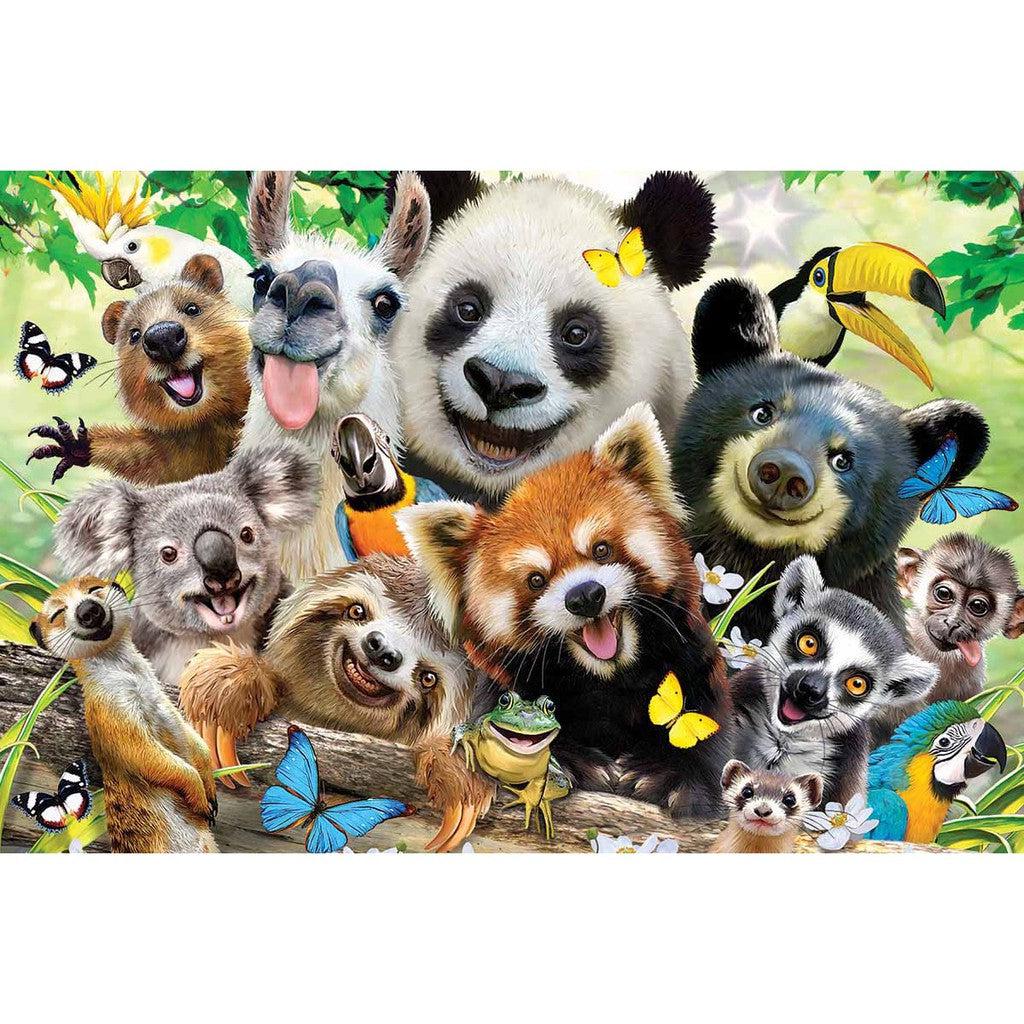 A vibrant illustration features a array of animals like a panda, toucan, red panda, koala, and llama amidst butterflies and flowers—a delightful scene reminiscent of a Bush Babies Selfie. 