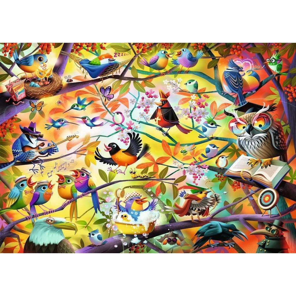 The colorful illustration of various birds engaging in activities like reading, singing, and bathing on a vibrant tree filled with berries and flowers comes alive in the Ravensburger Busy Birdies jigsaw puzzle, featuring Softclick Technology for a seamless experience.