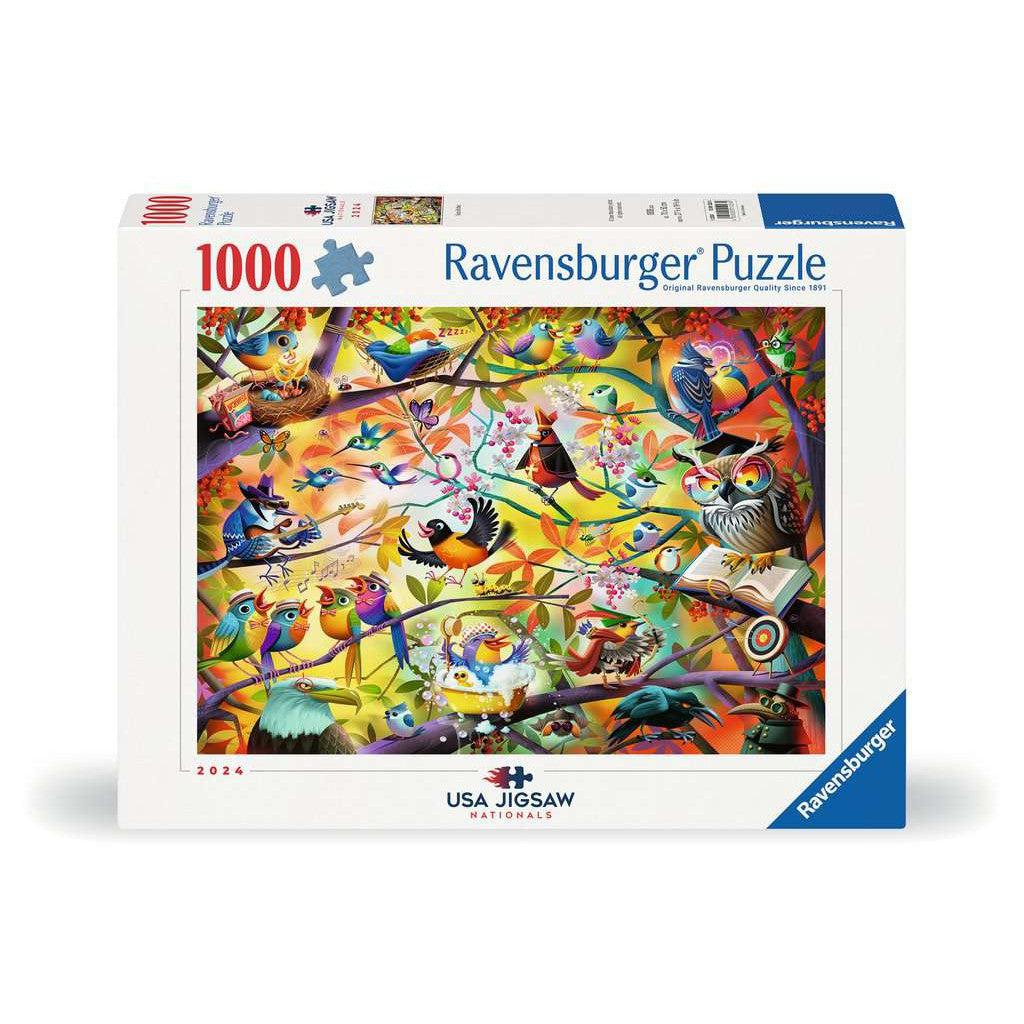 Box of a 1000-piece Ravensburger puzzle featuring a colorful illustration of various birds on branches.