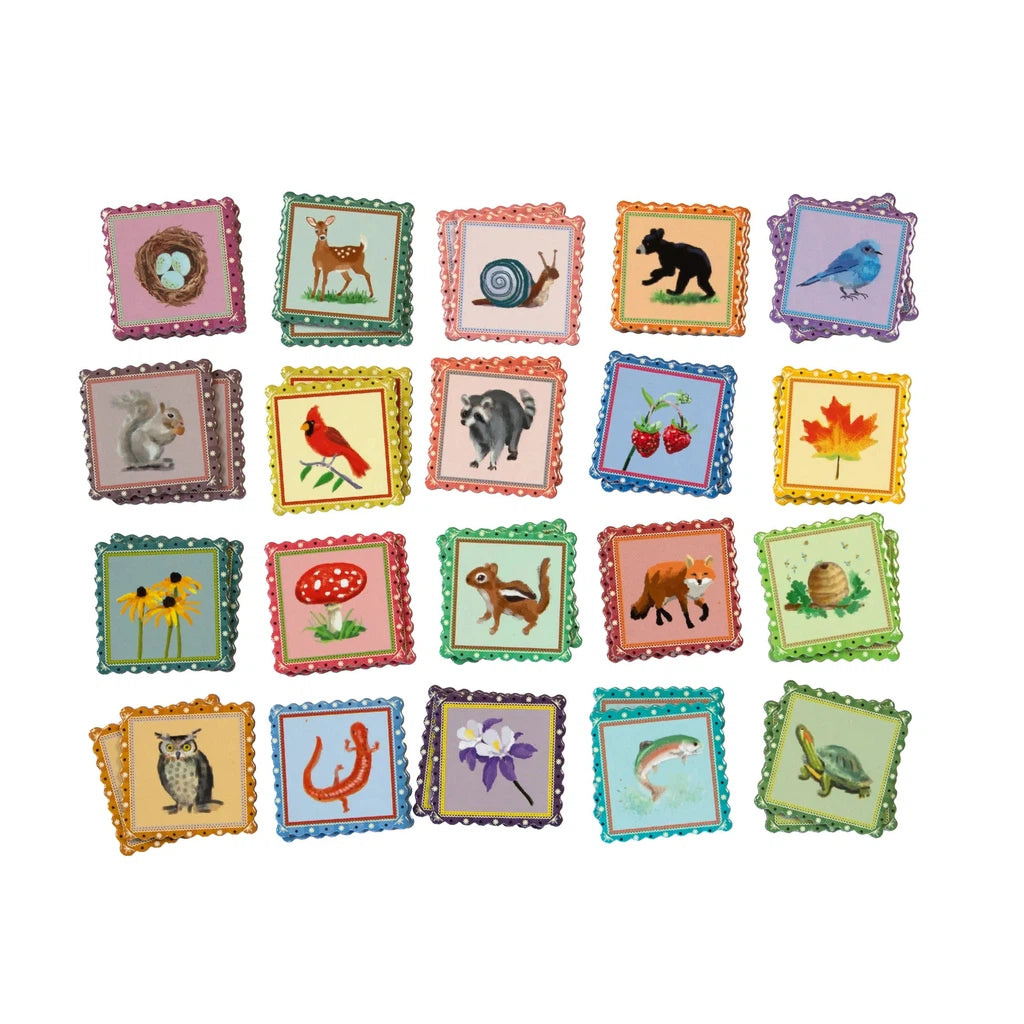 Pairs of cards with woodland creatures and pieces of nature that make up the mix and match game