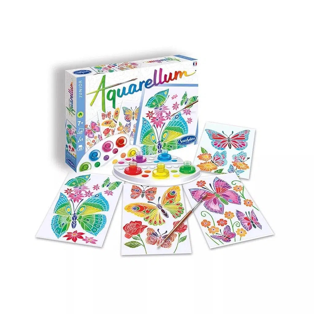 The Aquarellum Junior paint set, known for its reputation, features colorful butterfly designs, paint pots, and a paintbrush.