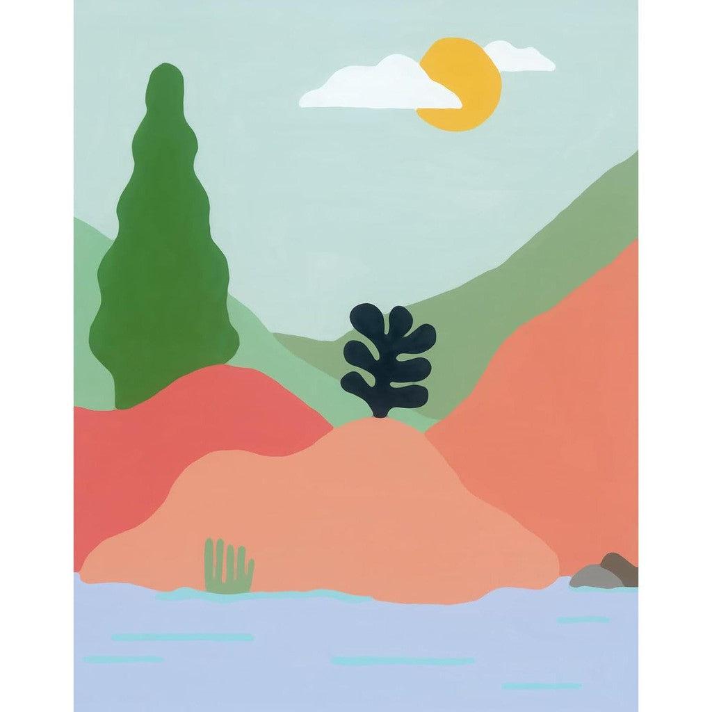 simple painted image of desert landscape behind a lake