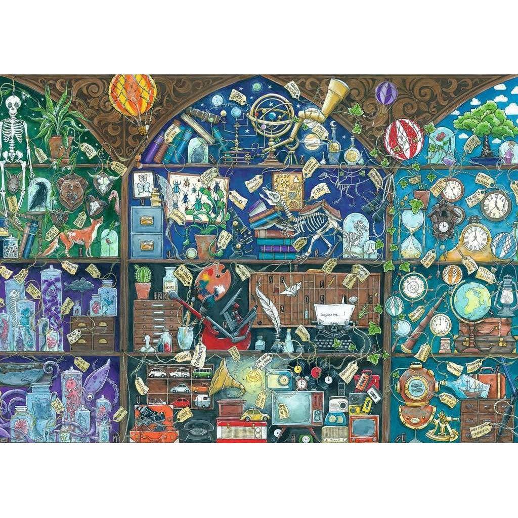 The Ravensburger Cabinet of Curiosities comes alive with intricately detailed shelves filled with various objects, including skeletons, clocks, plants, and books. This 1000-piece jigsaw puzzle is a vibrant array of colors and whimsical elements creating a cluttered yet organized scene.