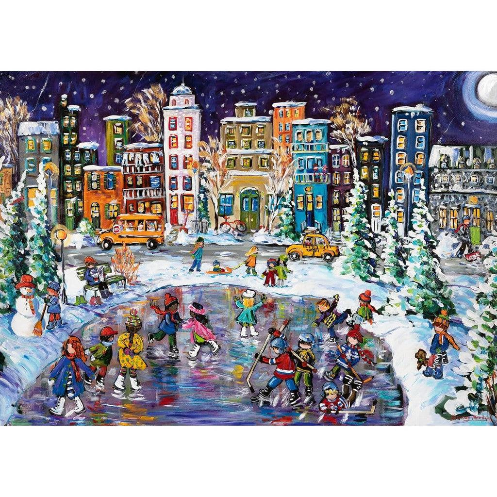 Experience a colorful winter scene of people ice skating in a city park, surrounded by snow-covered buildings and trees. Under a starry night sky with a full moon, this picturesque setting resembles the charming atmosphere of Canada City Lights in a 1000-piece Ravensburger Canadian Jigsaw Puzzle.