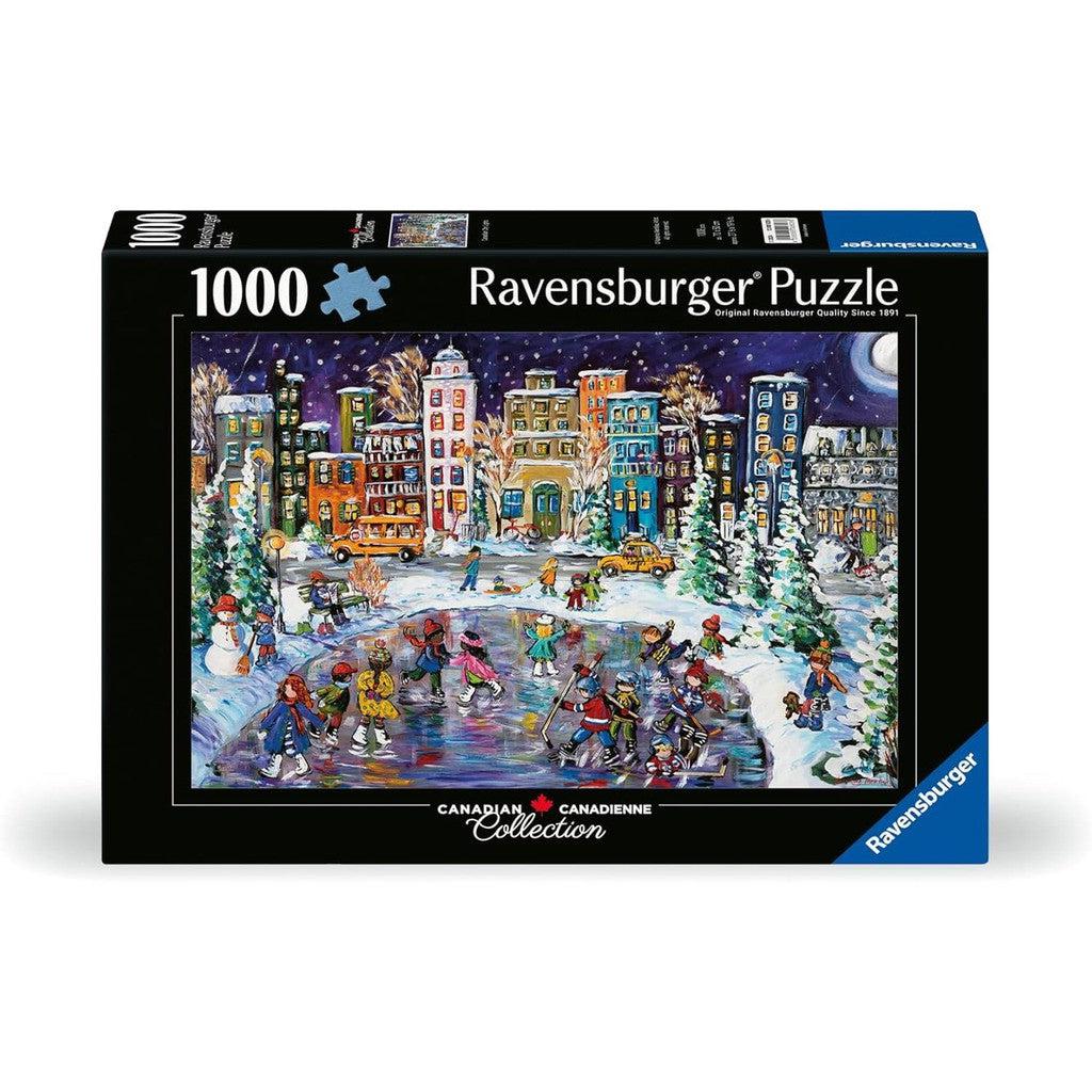 The Ravensburger puzzle box cover illustrates a winter cityscape, with people joyfully ice skating in a park enveloped by snow-covered buildings and trees, capturing the essence of Canada City Lights.