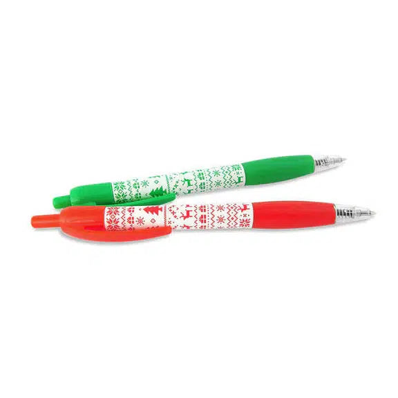 Two pens with festive red and green designs featuring winter patterns are perfect as stocking stuffers. These Candy Cane Gel Smens write smoothly in black gel ink, adding a touch of holiday magic to every word.