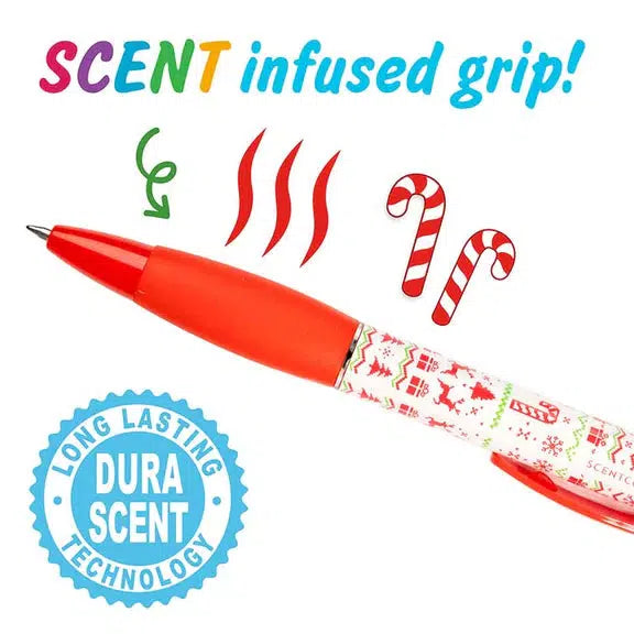 This Candy Cane Gel Smen red pen, perfect for Christmas stocking stuffers, boasts a festive design with a scent-infused grip. Icons of candy canes and scent waves enhance its long-lasting aroma, making it an ideal holiday gift.