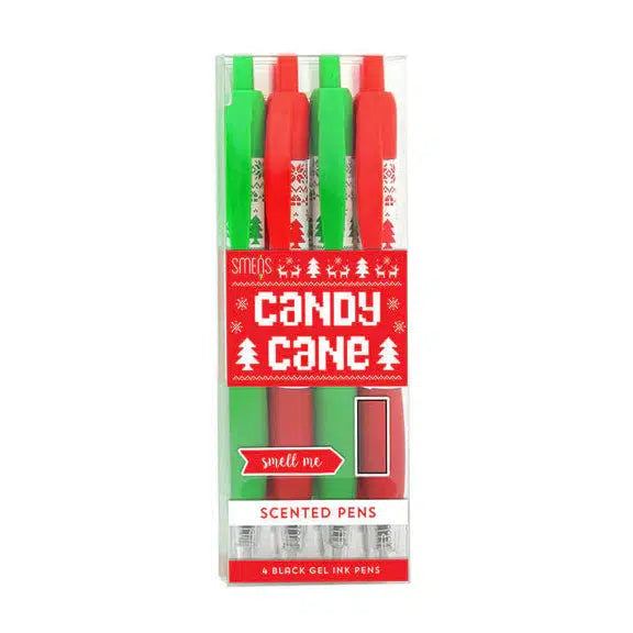 A pack of Candy Cane Gel Smens featuring four red and green candy cane-themed gel pens with black gel ink, all beautifully packed in a transparent box. The holiday designs on the packaging read "candy cane" and "smell me," making them perfect stocking stuffers.