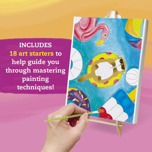 Includes 18 art starters. Shows hand painting animals on pool floaties