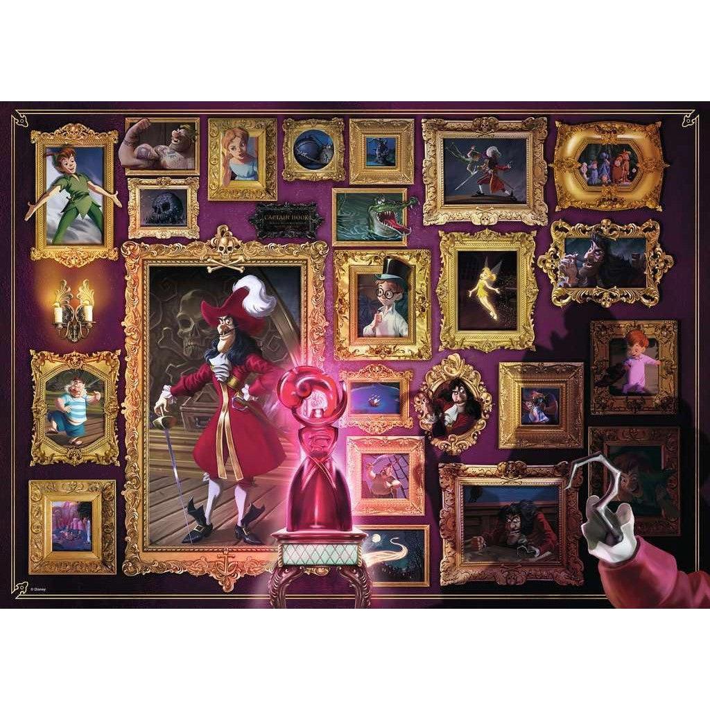 A gallery wall displays ornate framed images of animated pirate scenes, featuring Disney Villainous' Captain Hook in red with a hook, surrounded by other characters and scenes. It's as if each piece were a jigsaw puzzle coming together to tell an adventurous tale.