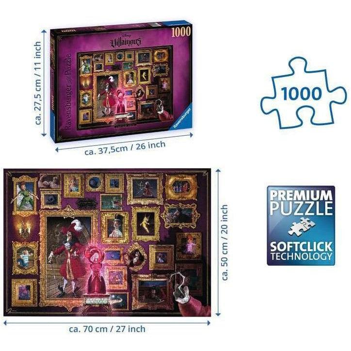 The Ravensburger Disney Villainous puzzle box showcases a completed image of various framed paintings featuring notorious villains like Captain Hook. This 1,000-piece puzzle includes Softclick Technology and bears the premium puzzle logo for a seamless experience.