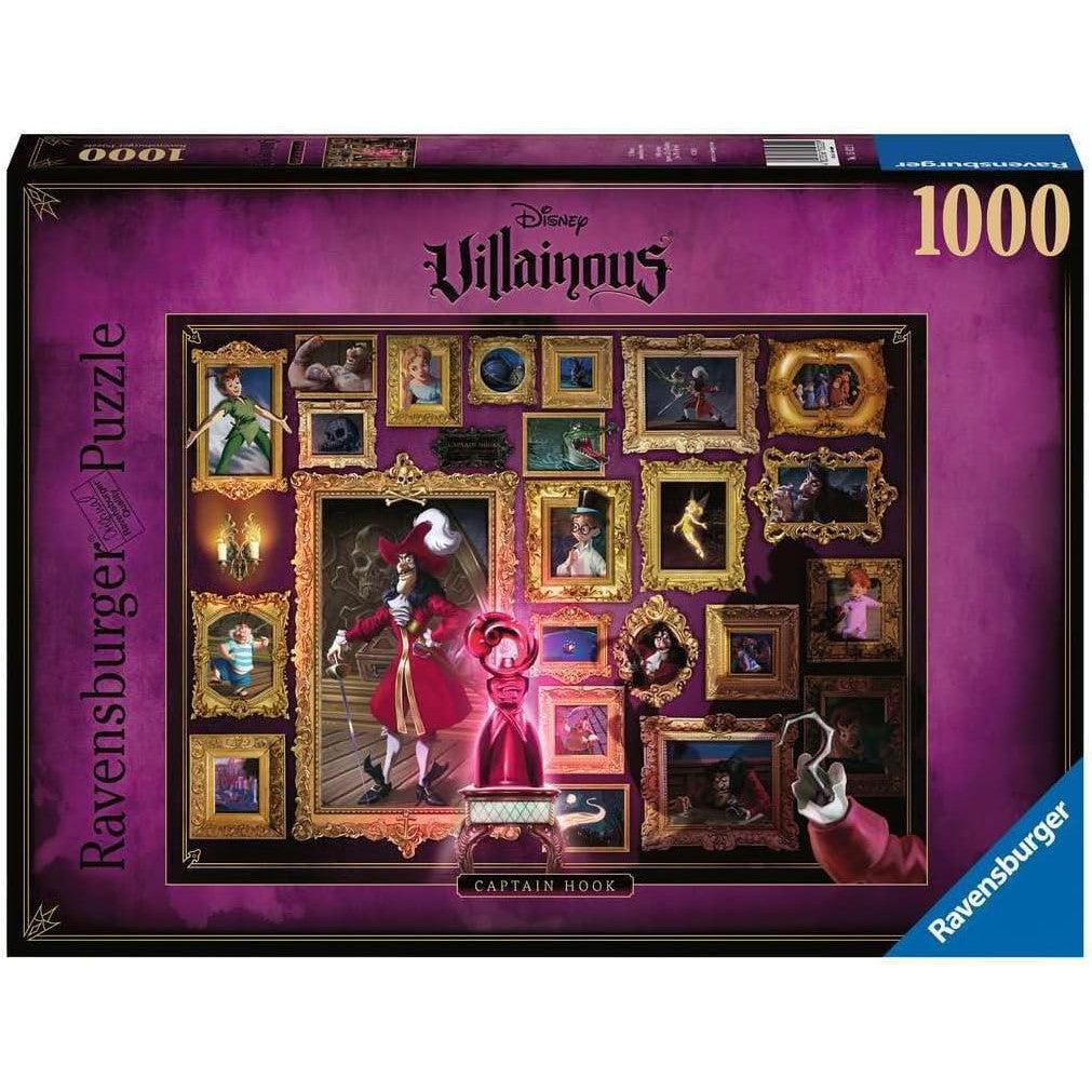 Cover of the Ravensburger Disney Villainous Captain Hook Jigsaw Puzzle, featuring Captain Hook surrounded by framed images of various characters on a rich purple background. Boasting 1000 pieces and crafted with Ravensburger's Softclick Technology for an enjoyable puzzling experience.