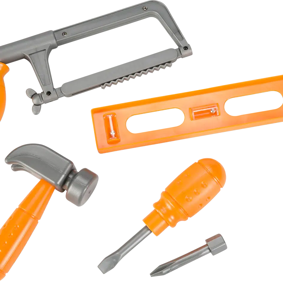 Plastic toy tools from the Carpenter Set, including a saw, level, hammer, screwdriver, and drill bit, are arranged on a light background—perfect for pretend play.