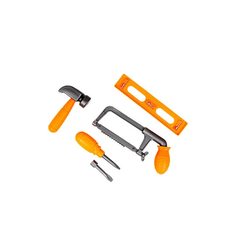 This Carpenter set includes a vibrant collection of orange and gray toy tools perfect for pretend play. Featuring a hammer, screwdriver, saw, chisel, and level, it's an ideal kit for little builders to explore their craftsmanship skills.