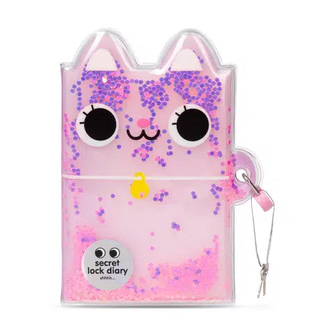 A diary shaped like a pink cat with large eyes. The cover is clear with loose glitter inside. Has lock and key