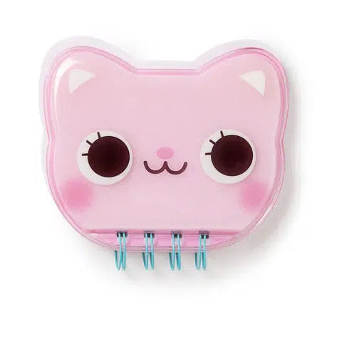 pink notebook with squishy cover shaped like cat with cartoon face