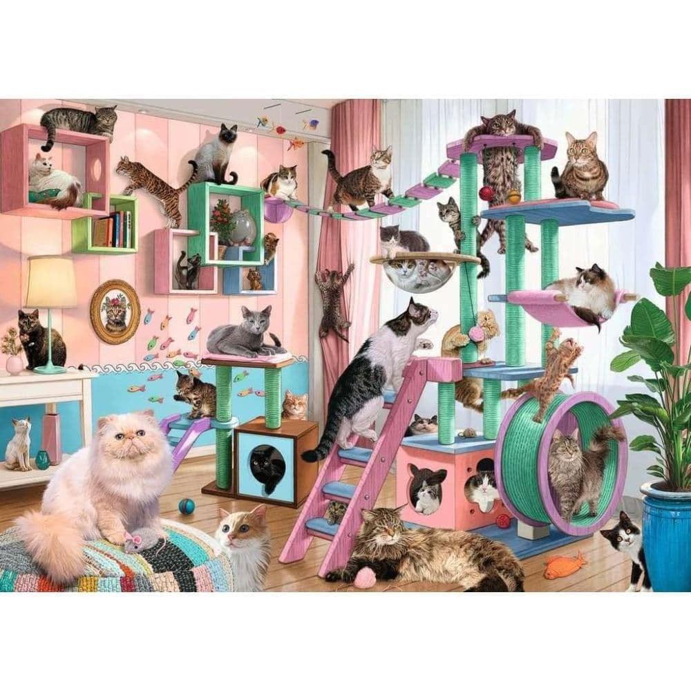 The room is a true Ravensburger Cat Tree Heaven, bursting with playful cats lounging on vibrant cat trees and shelves. Toys are scattered around, creating a live 1000-piece jigsaw puzzle of feline fun and frolic.