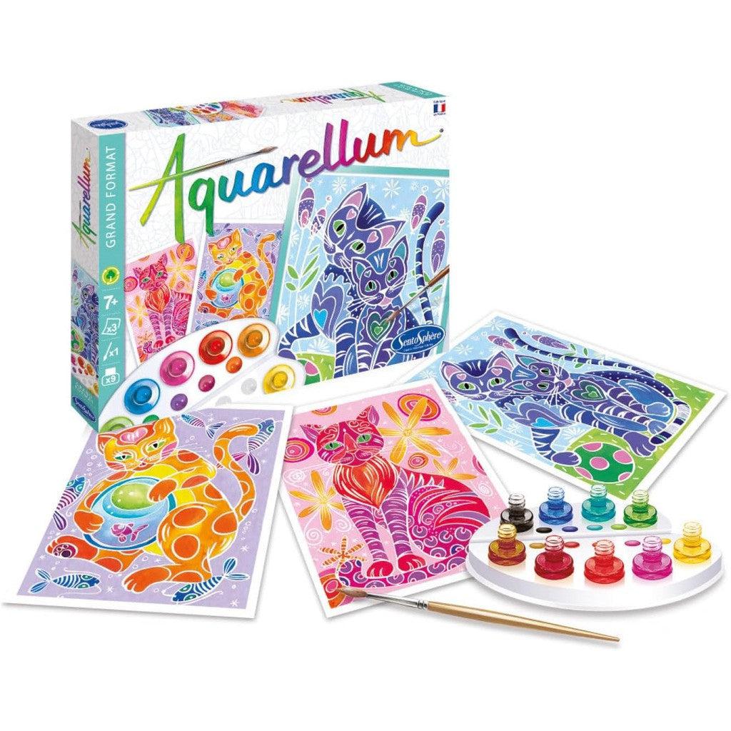 The Sentosphère Aquarellum Cats painting set includes colorful feline designs, small paint pots, and a brush, making it a delightful watercolor painting kit for all ages.