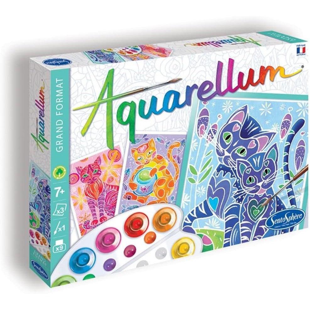 The Aquarellum Grand Format art set by Sentosphère showcases vibrant illustrations of cats and flowers, with a watercolor painting kit included. Perfect for budding artists aged 7 and up, it features a convenient paint palette at the bottom.