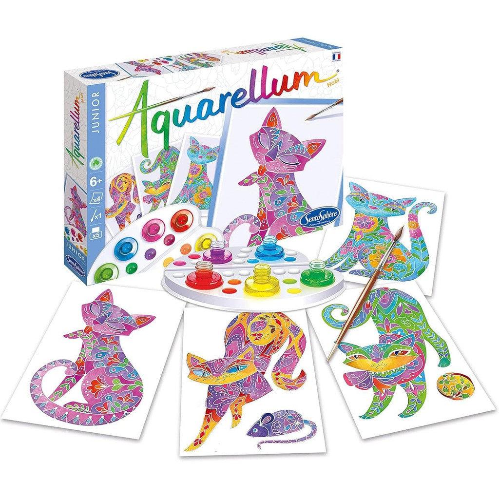 Explore the Sentosphère Aquarellum Junior painting kit with its vibrant cat designs. Perfect for young artists, this delightful addition to Toys &amp; Games includes watercolor paints, a brush, and inspiring completed cat artworks.