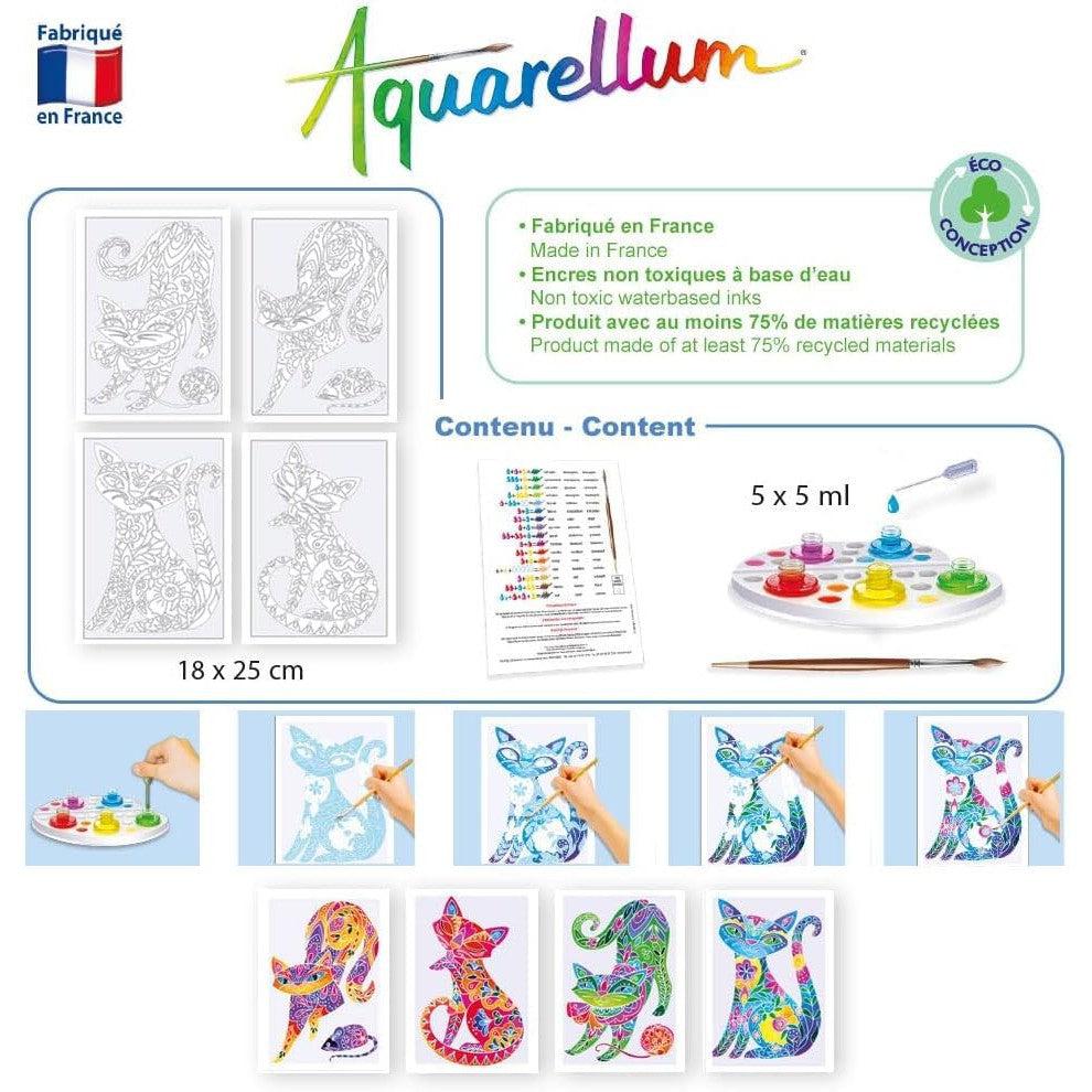 Explore the Sentosphère Aquarellum Junior painting kit with its vibrant cat designs. Perfect for young artists, this delightful addition to Toys &amp; Games includes watercolor paints, a brush, and inspiring completed cat artworks.