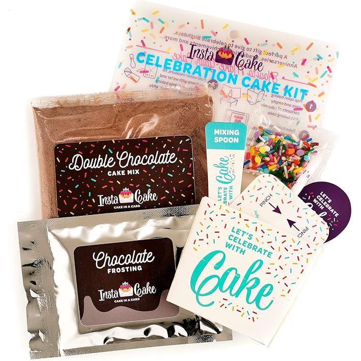 The InstaCake Celebration Cake Kit is your ultimate quick-fix for happiness, featuring a double chocolate cake mix, rich chocolate frosting packet, sprinkles, a mixing spoon, and easy-to-follow instructions. Perfect for any occasion in need of scrumptious Bakery &amp; Dessert Gifts!